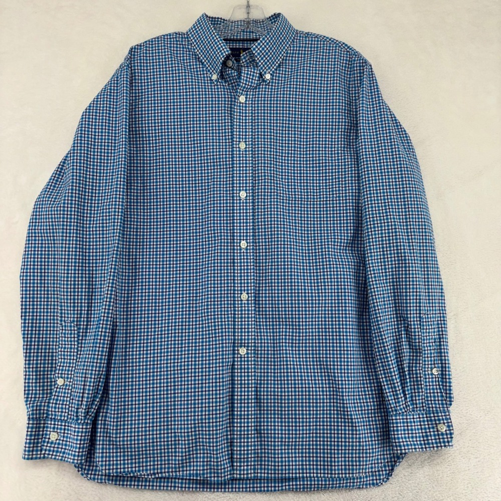 Ralph Lauren Mens Blue Gingham Check 140s 2-Ply Cotton Button Down Shirt Large